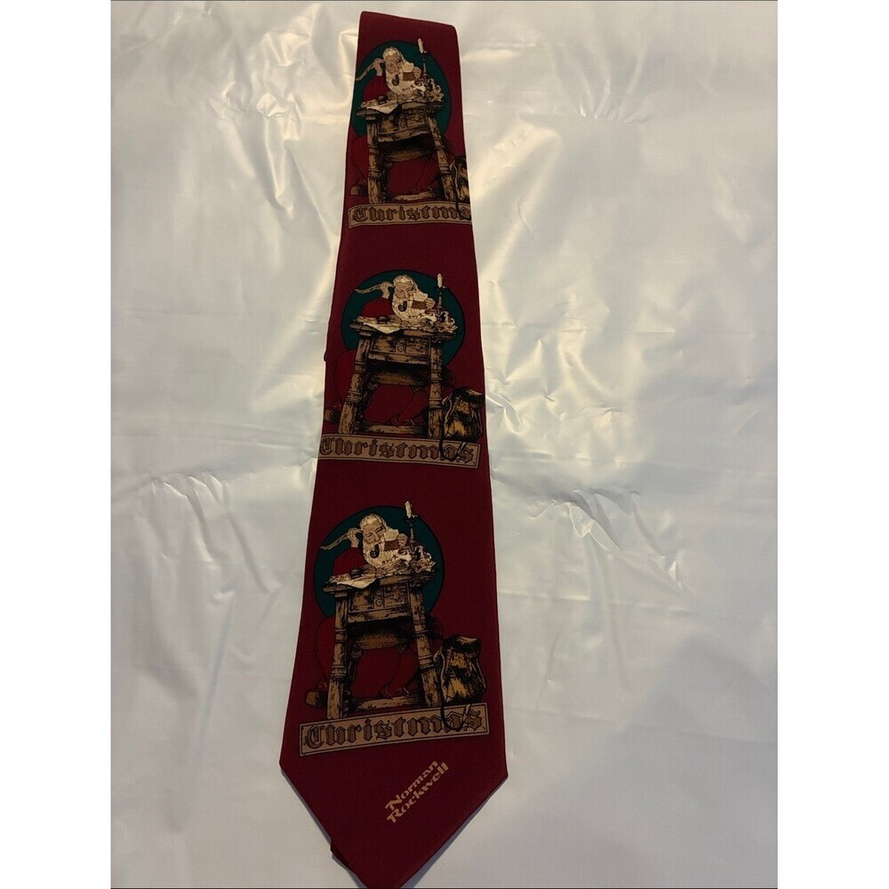 Norman Rockwell Red and Teal Christmas Santa Print Tie - Picture 1 of 4
